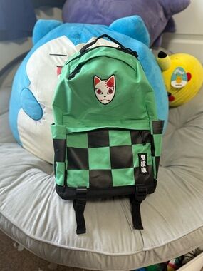 Anime Checkerboard Backpack with Fox Mask Patch